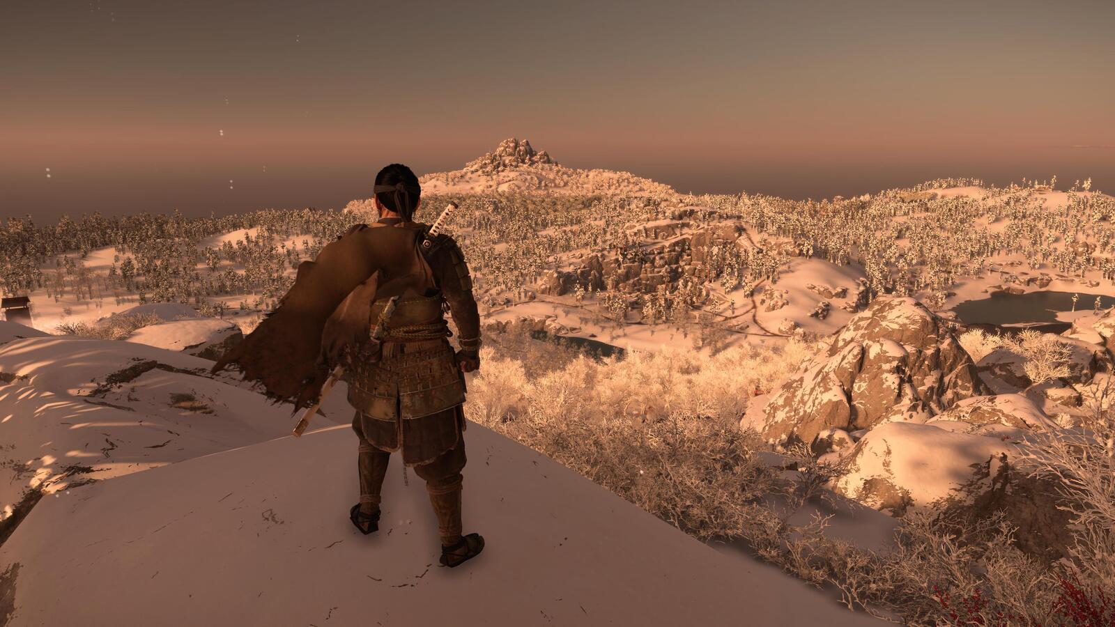 Samurai on a hill overlooking a winter landscape with another hill in the distance