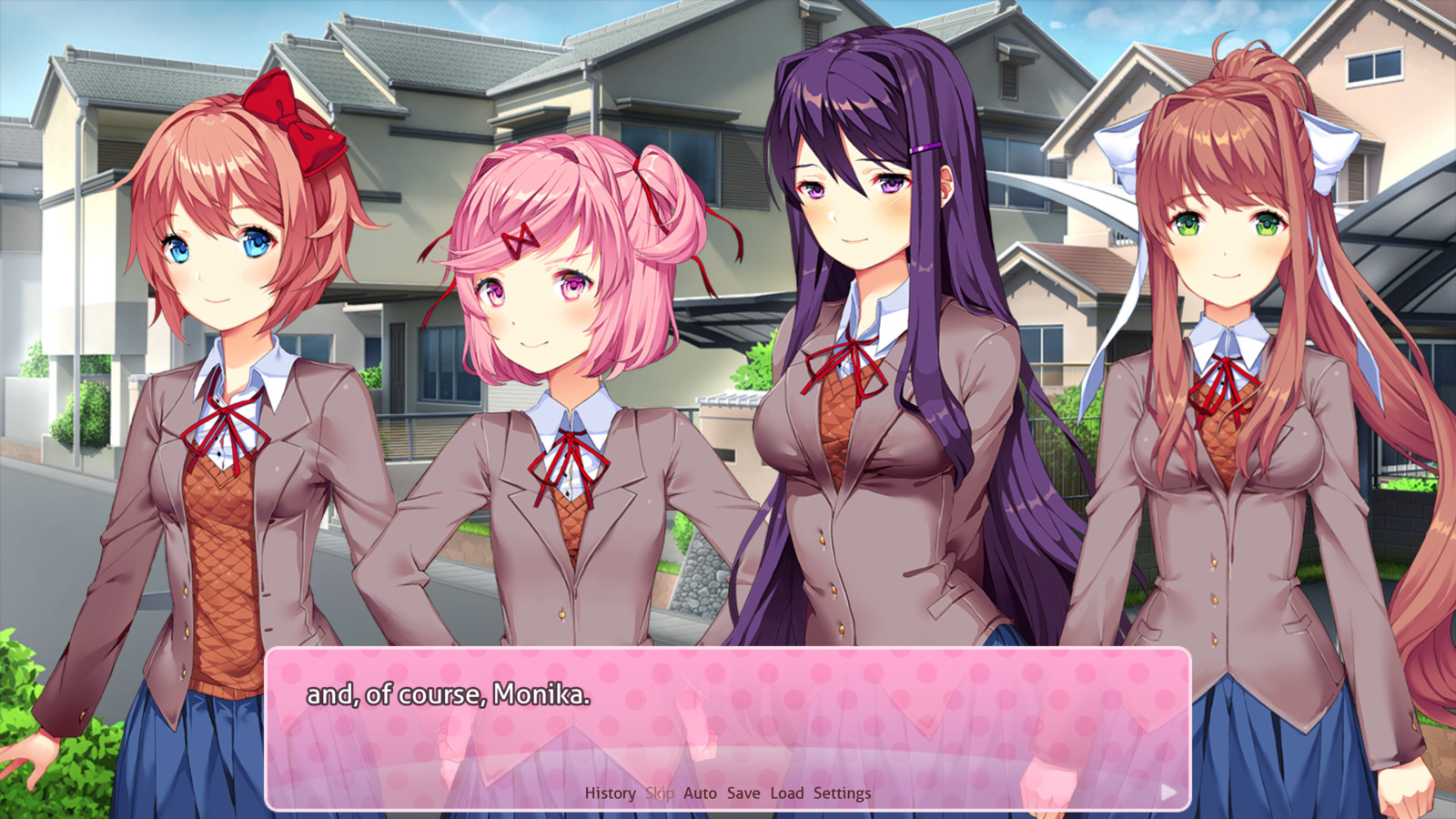 All Four Doki Doki Characters in front of a neighborhood