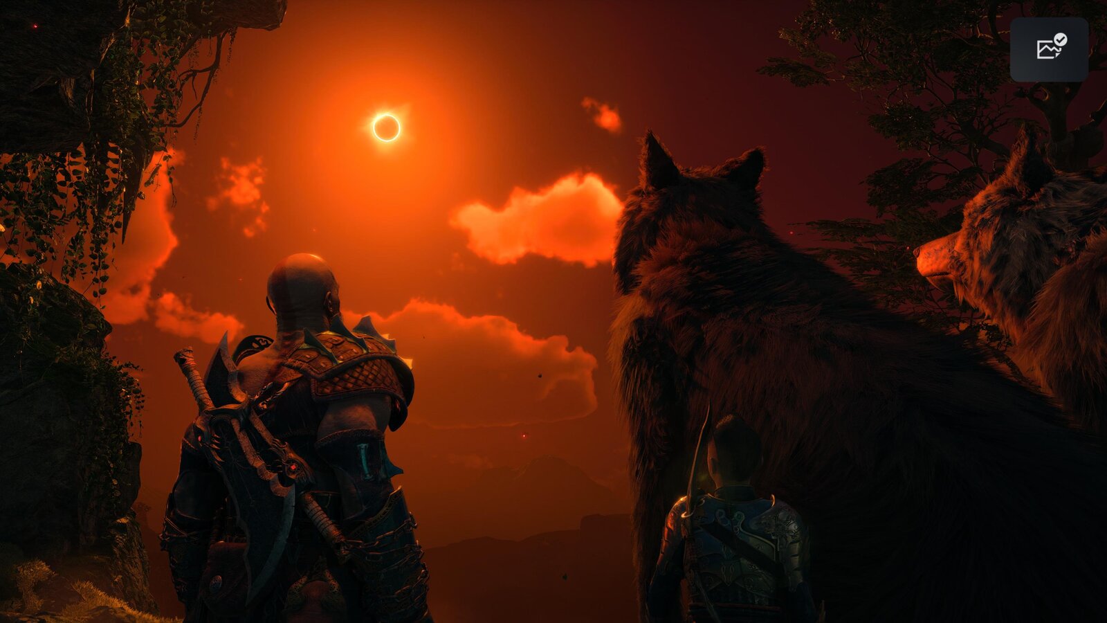 Kratos and Atreus with Sköll and Hati Observing an Eclipse