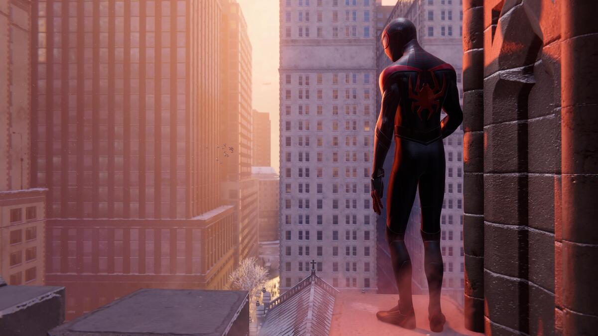 Spider-Man Miles Morales on a Building Ledge Looking Over New York City