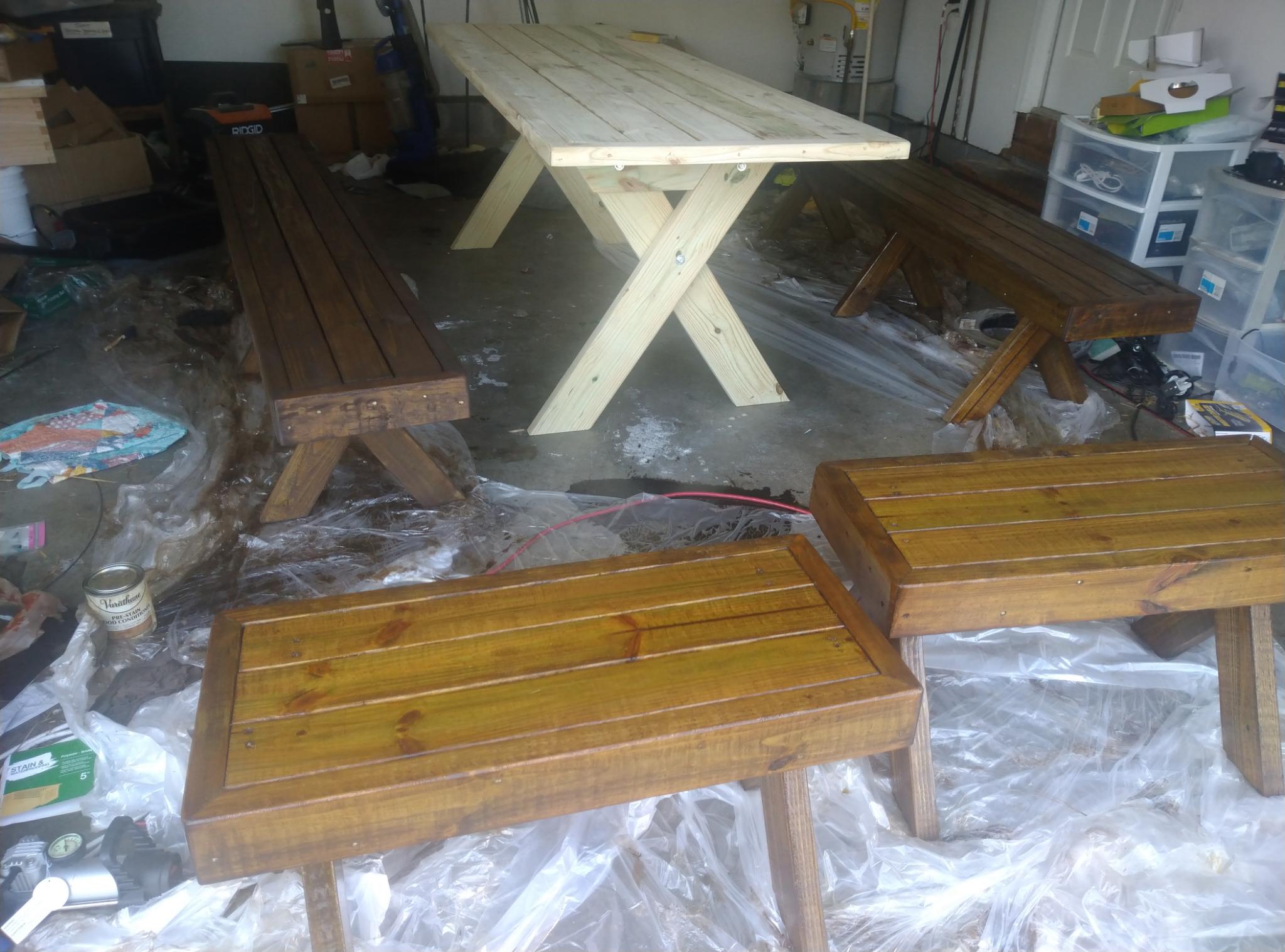Small Benches with Two Coats of Urethane and Long Benches with Two Coats of Stain