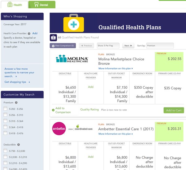 Lowest priced plans offered to me on the Washington state healthcare market