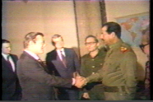 Shaking Hands: Iraqi President Saddam Hussein greets Donald Rumsfeld, then special envoy of President Ronald Reagan, in Baghdad on December 20, 1983