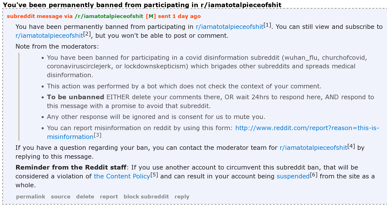 Moderation Message / Permanent Ban from /r/iamatotalpieceofshit