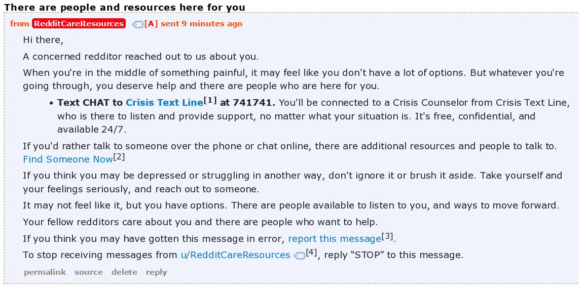 Reddit Cares Resources message of concern