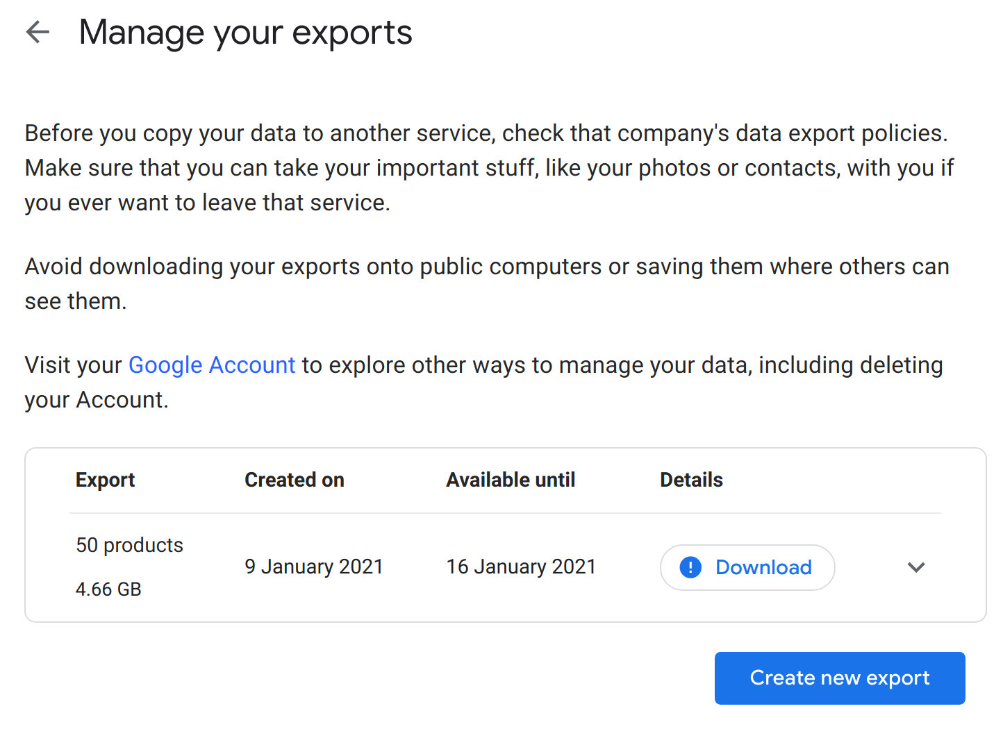 Google Export Management Screen