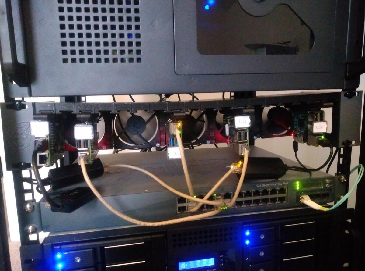 Five Raspberry Pis Mounted in a Cluster Rack