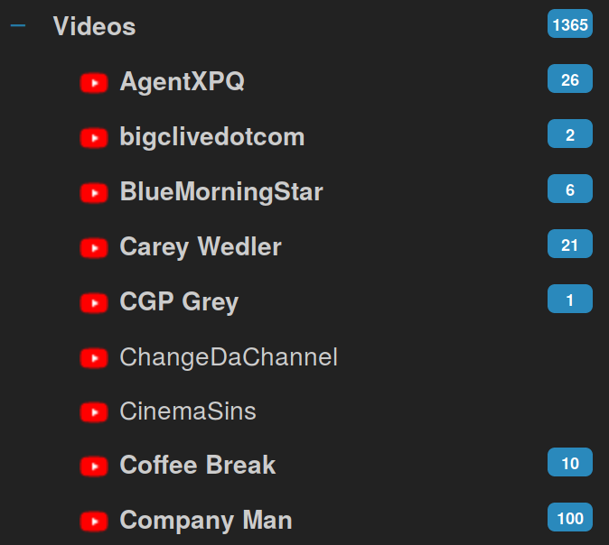 Screenshot of YouTube Feeds in the Tiny Tiny RSS reader