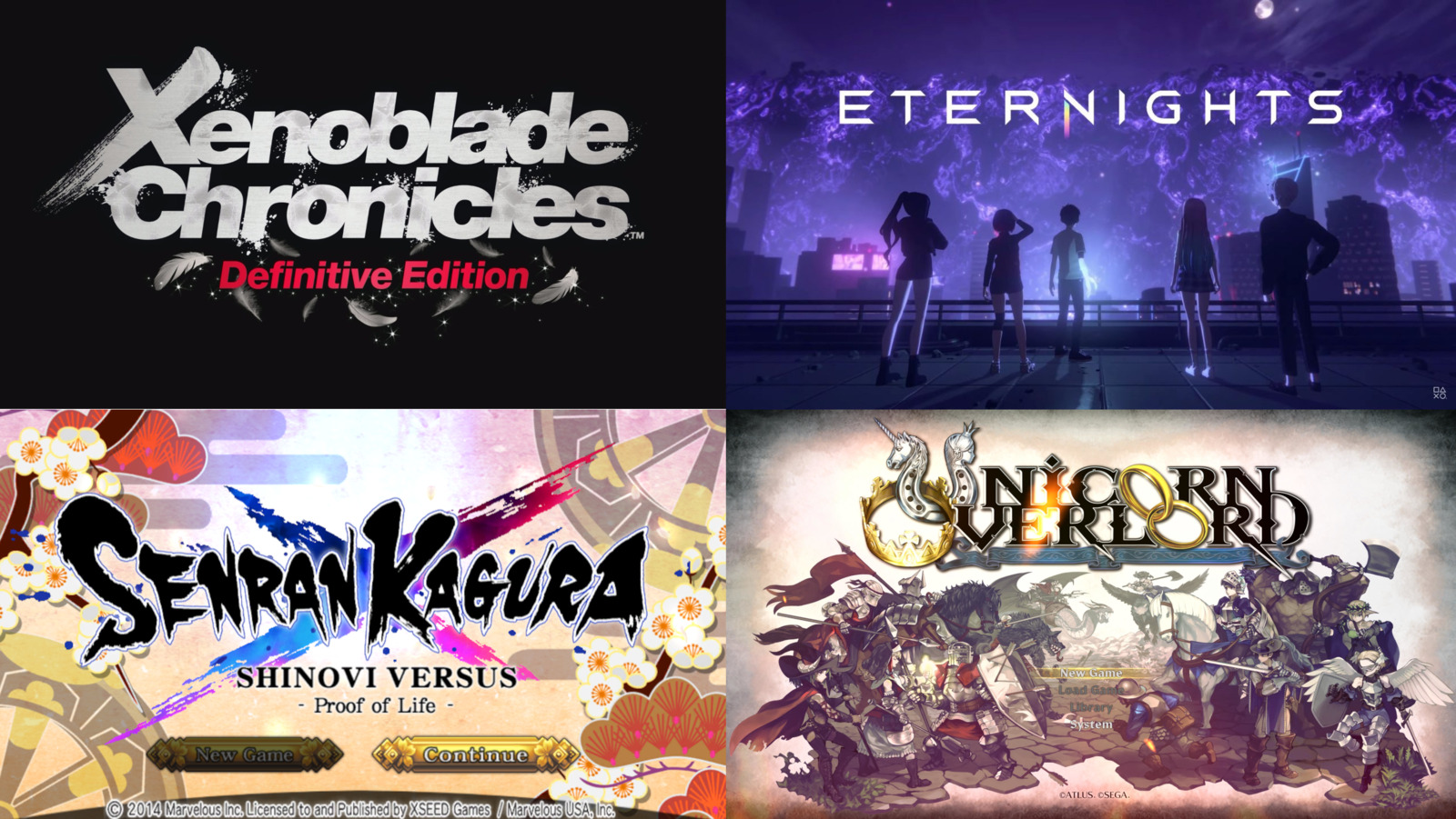 Title screens for Xenoblade Chronicles, Eternights, Senran Kagura Shinovi Versus and Unicorn Overlord