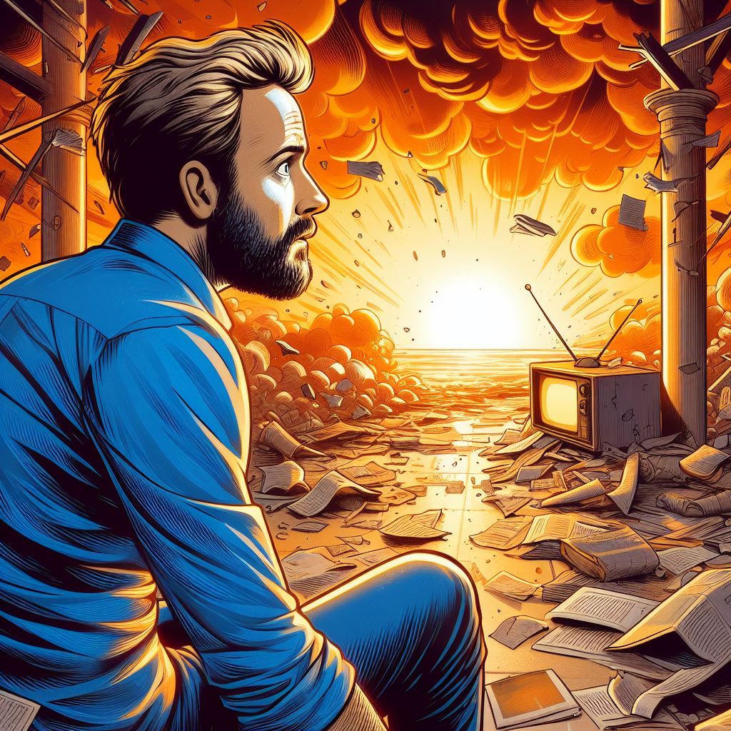 A conservative TV host, with a blue shirt and a beard, in a tragic situation, staring off into the sunset as his studio crumbled around him