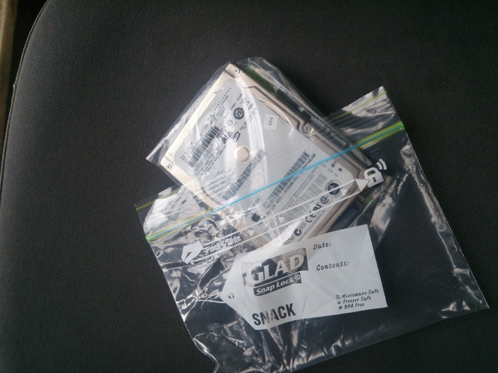 Hard drive placed in two ziplocked bags