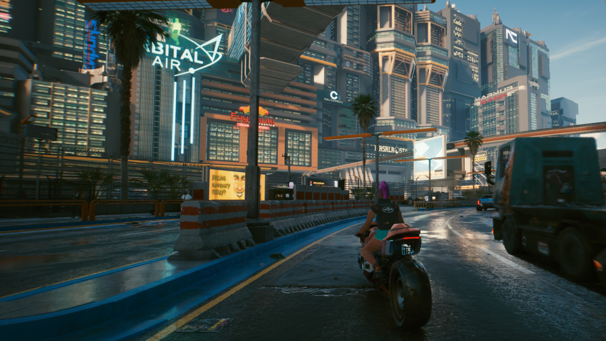 V riding a Motorcycle on the Streets of Night City