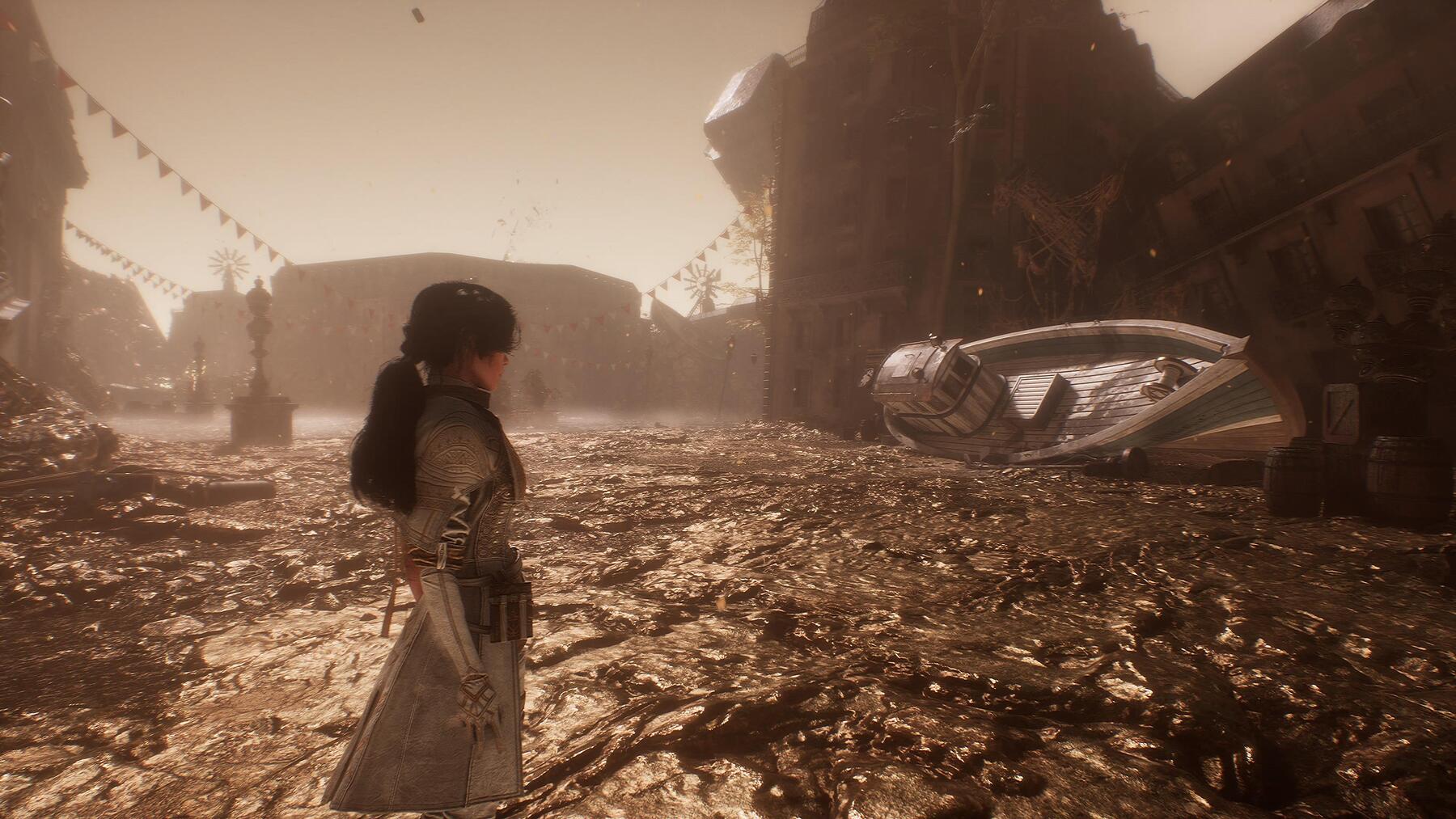 Lune looking at a wrecked boat
