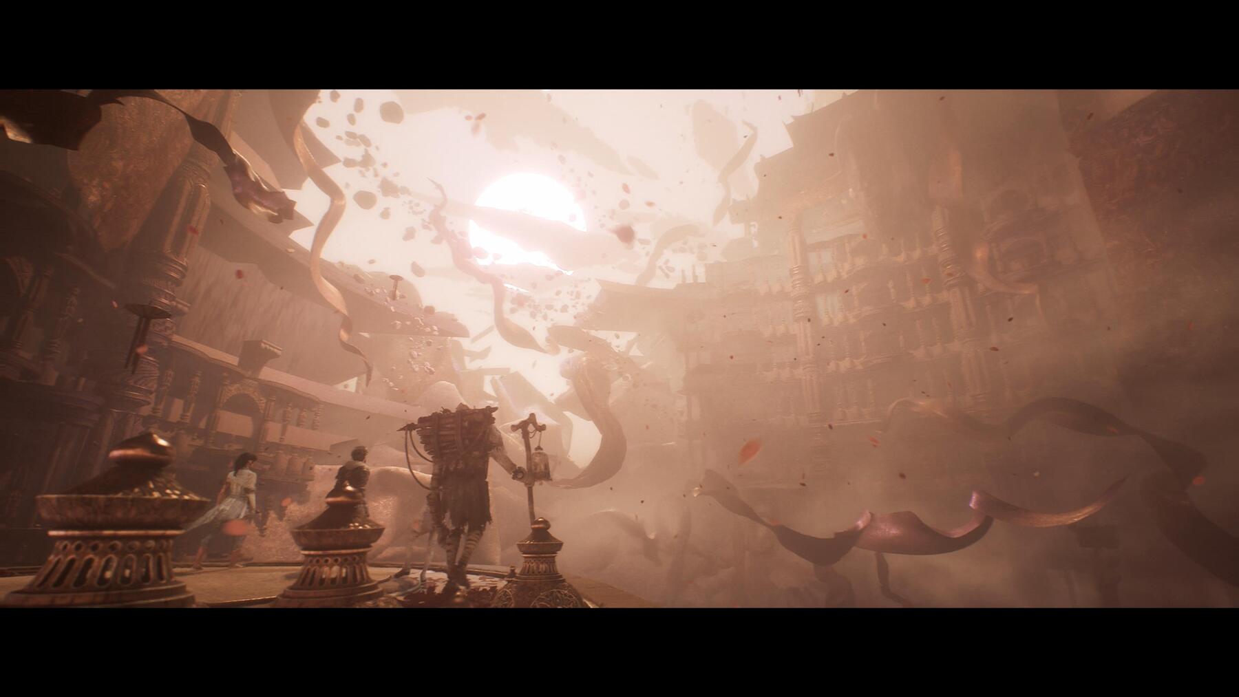 Characters in a large coliseum-type structure