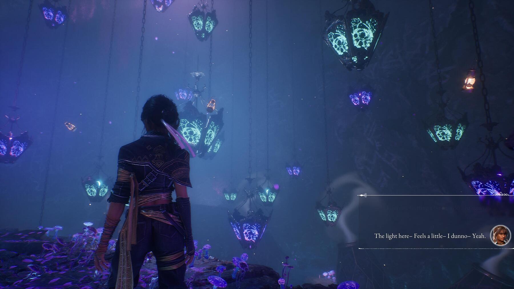 Sciel gazing at colorful lights in a cave