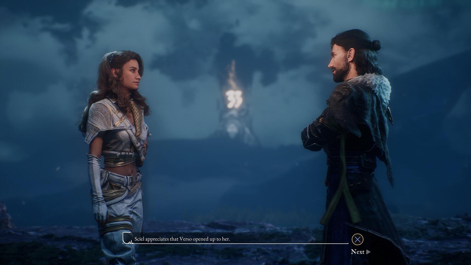 Sciel talking to Verso at night with the 33 monolith in the background