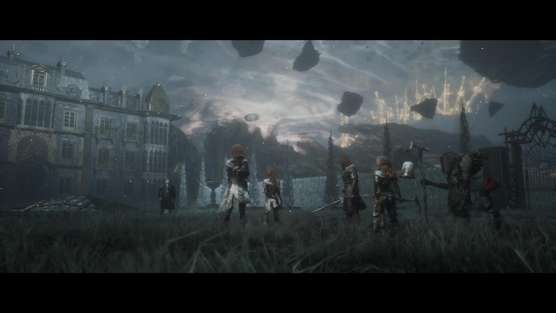 Characters in front of a manor