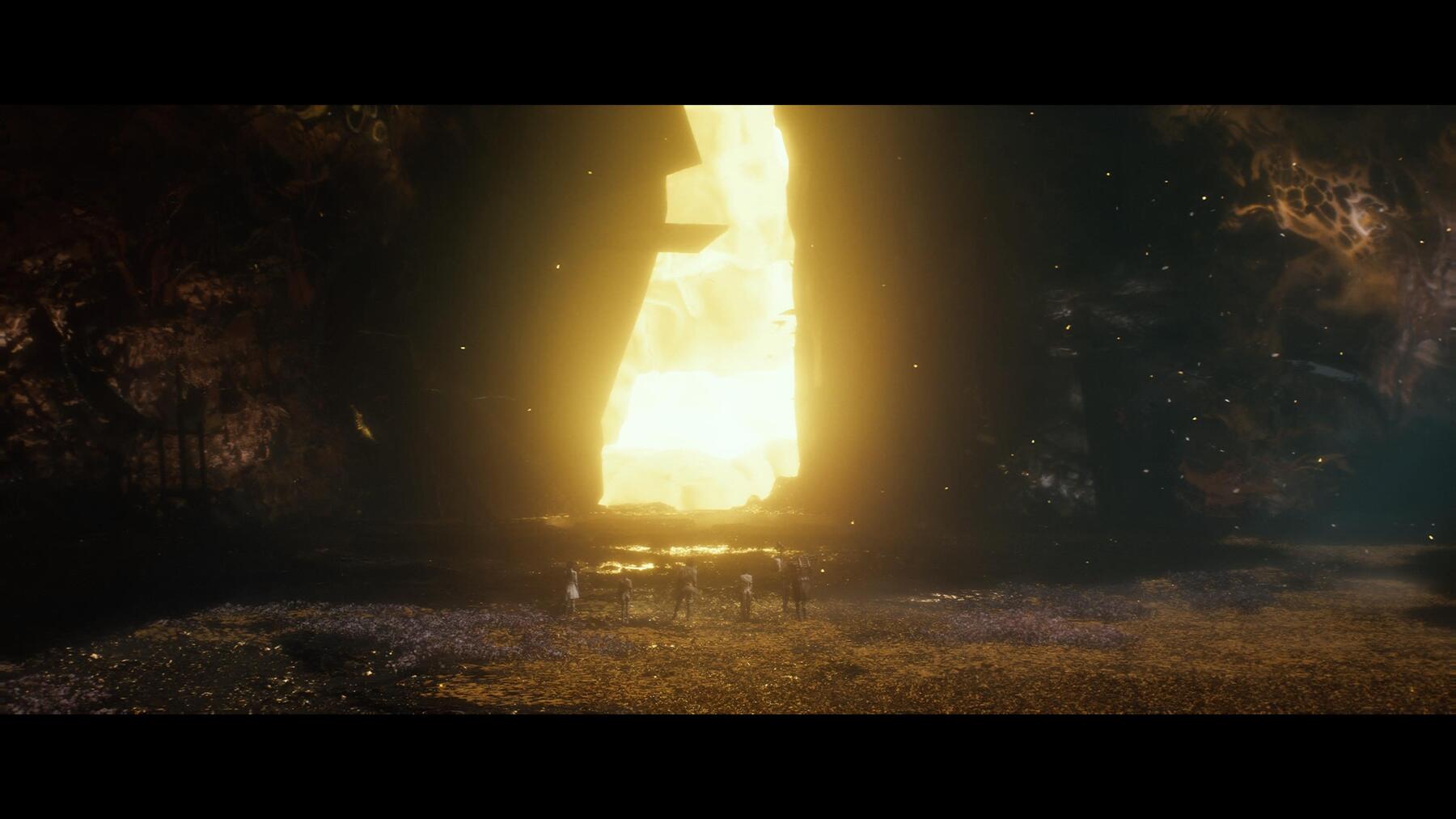 Character in front of a massive opening with golden light peering through