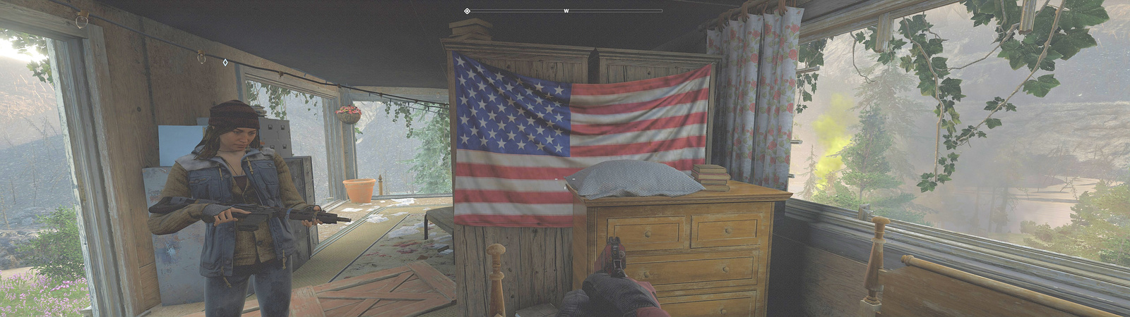 First person view in a trailer holding a handgun with a girl holding a rifle and an American flag behind an old dresser