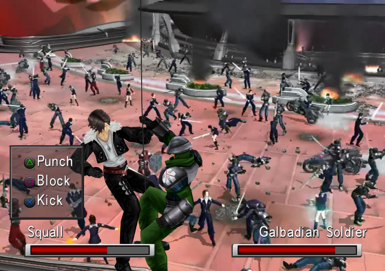 Squall fighting Galbadian Soldier minigame with battle in background
