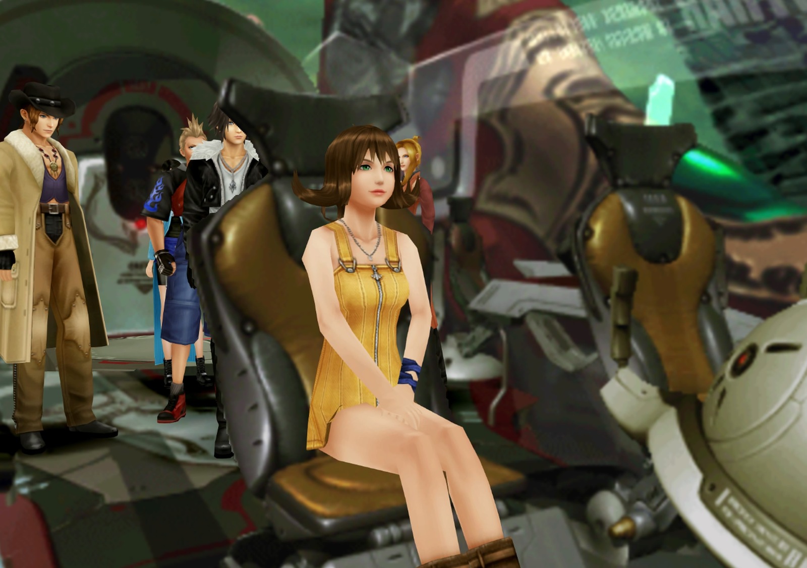Selphie in pilot seat of ship with Irvine, Zell, Squall and Quistis behind her