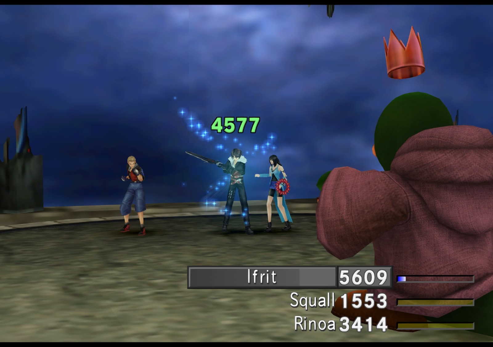 Zell, Squall and Rinoa fighting a Tonberry