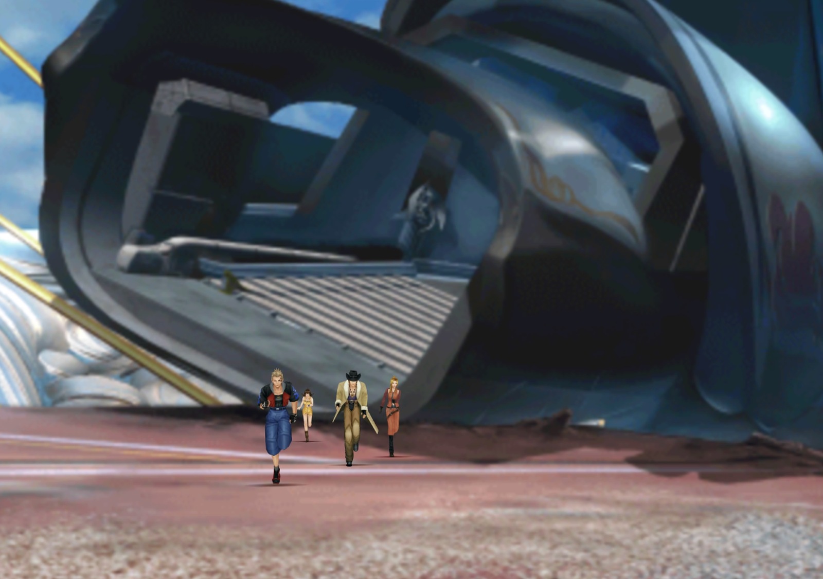 Zell, Selphie, Irvine, and Quistis running from a hanger door