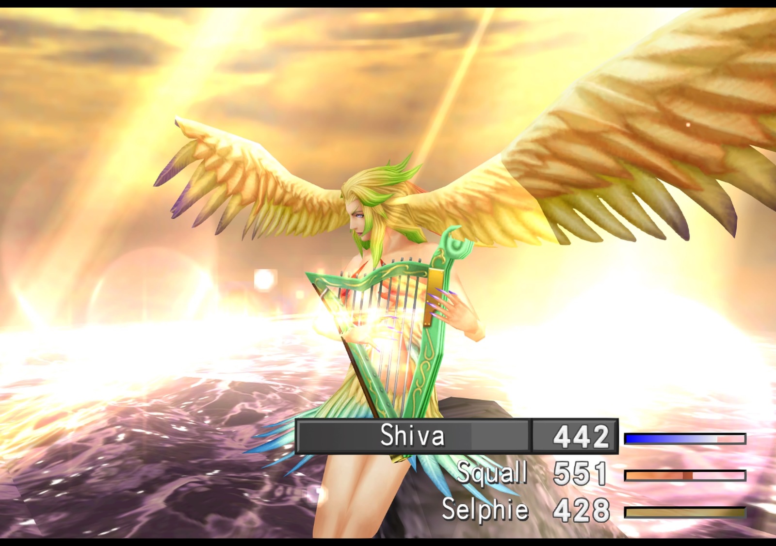 Siren guardian force playing green harp