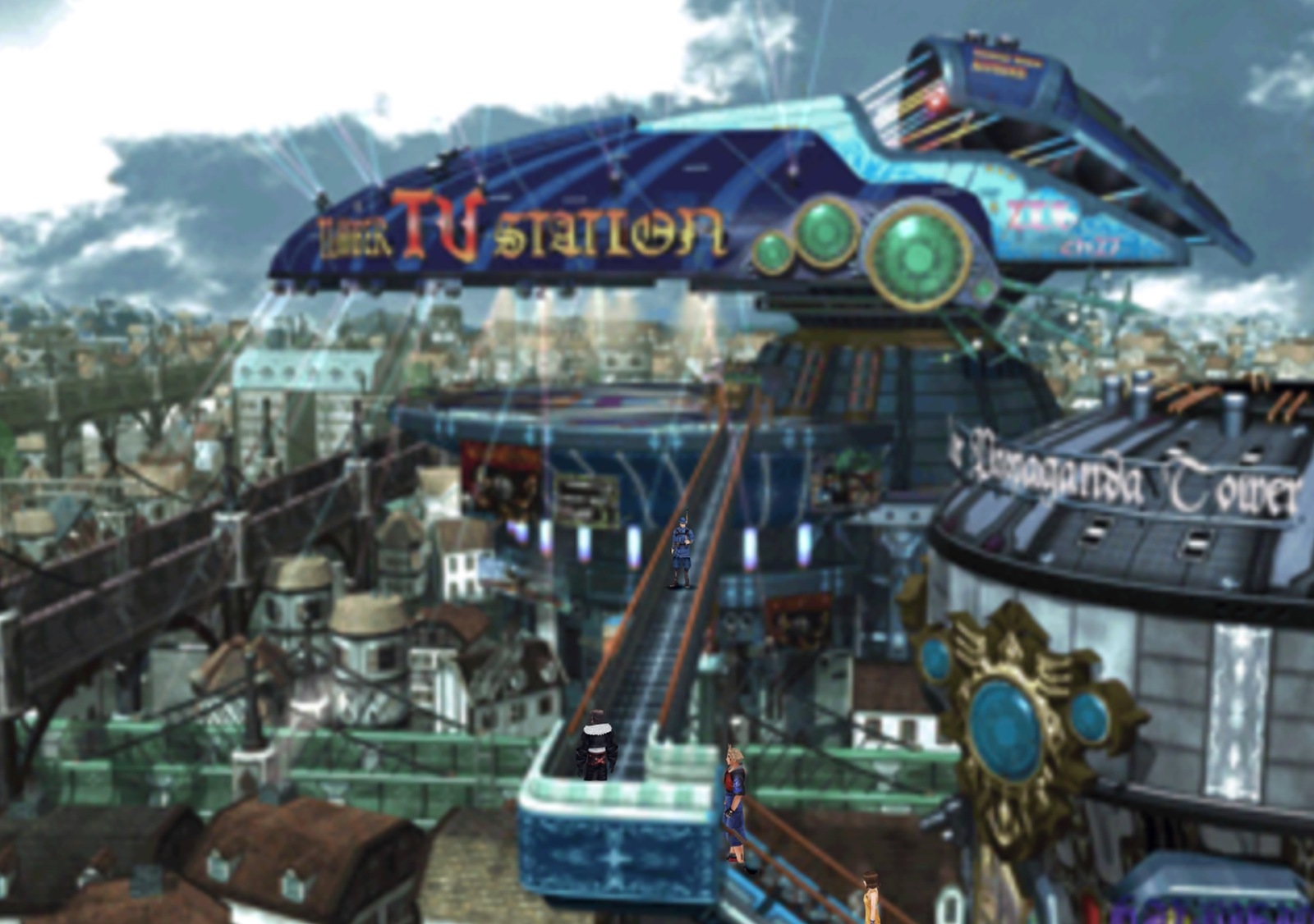 Squall, Zell and Selphie approaching a TV station