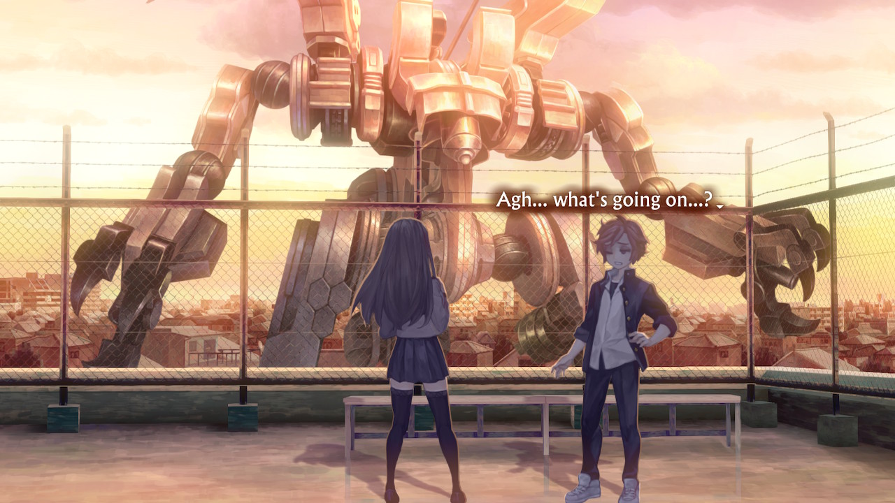 Robot in the background behind two characters on top of a building