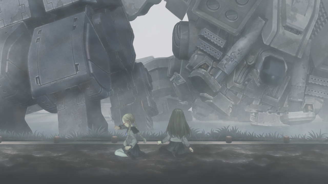 Two girls in front of giant robots