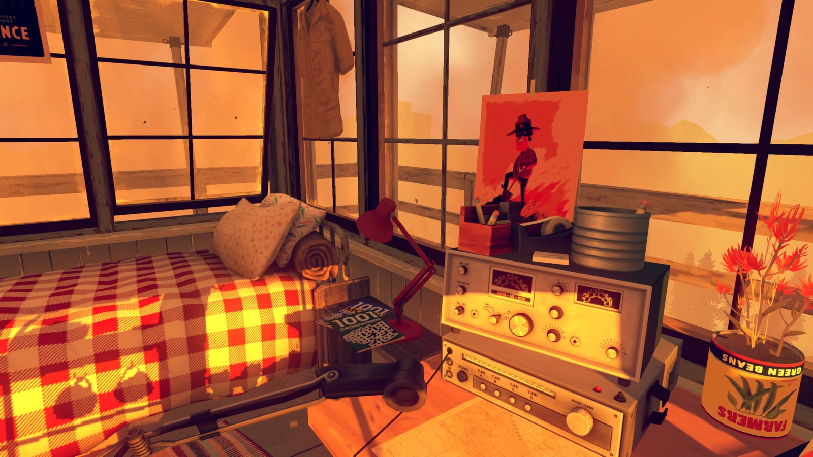 Bedroom in fire tower with bed and radio