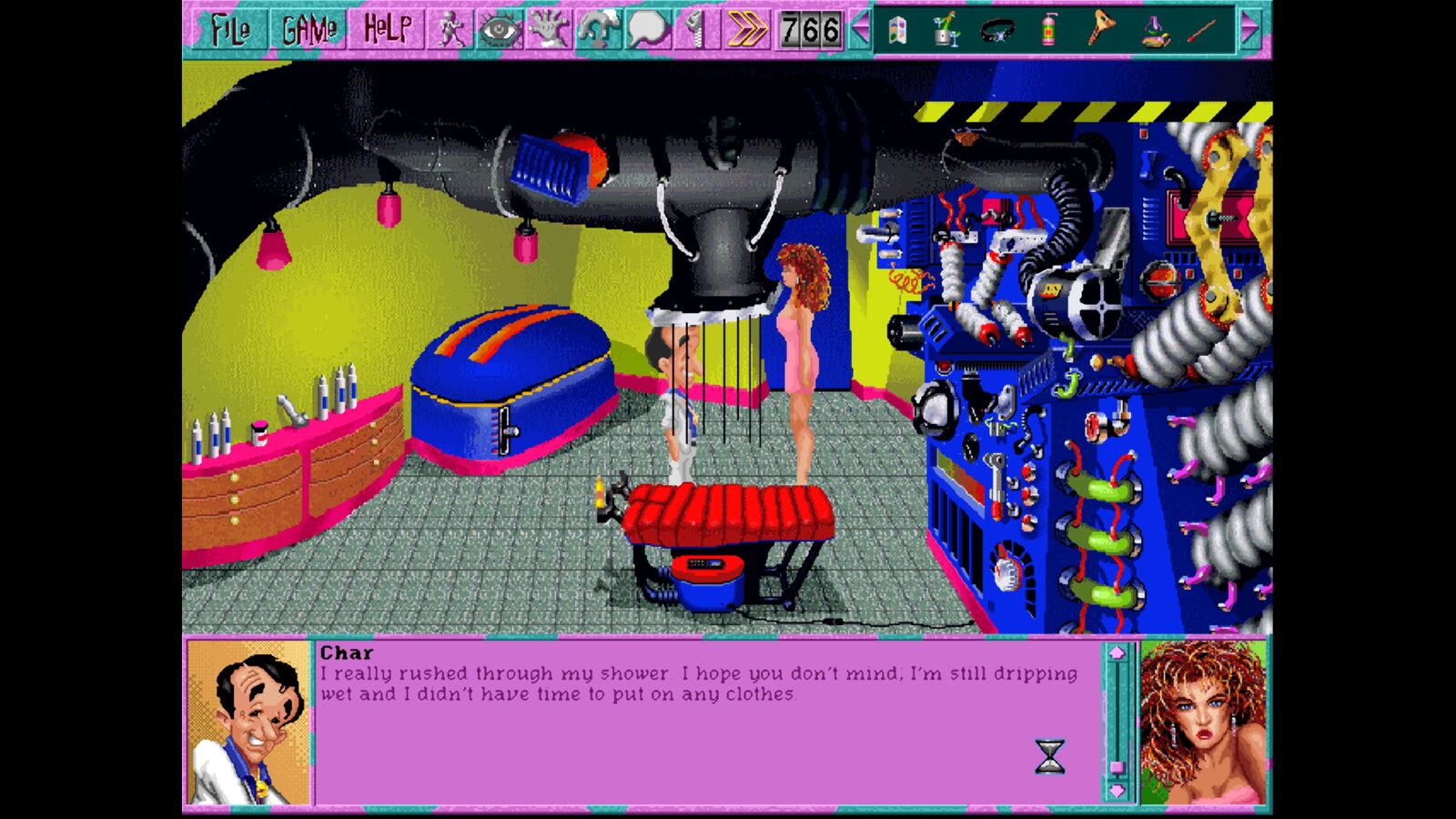 Larry talking to Char in room with large machine