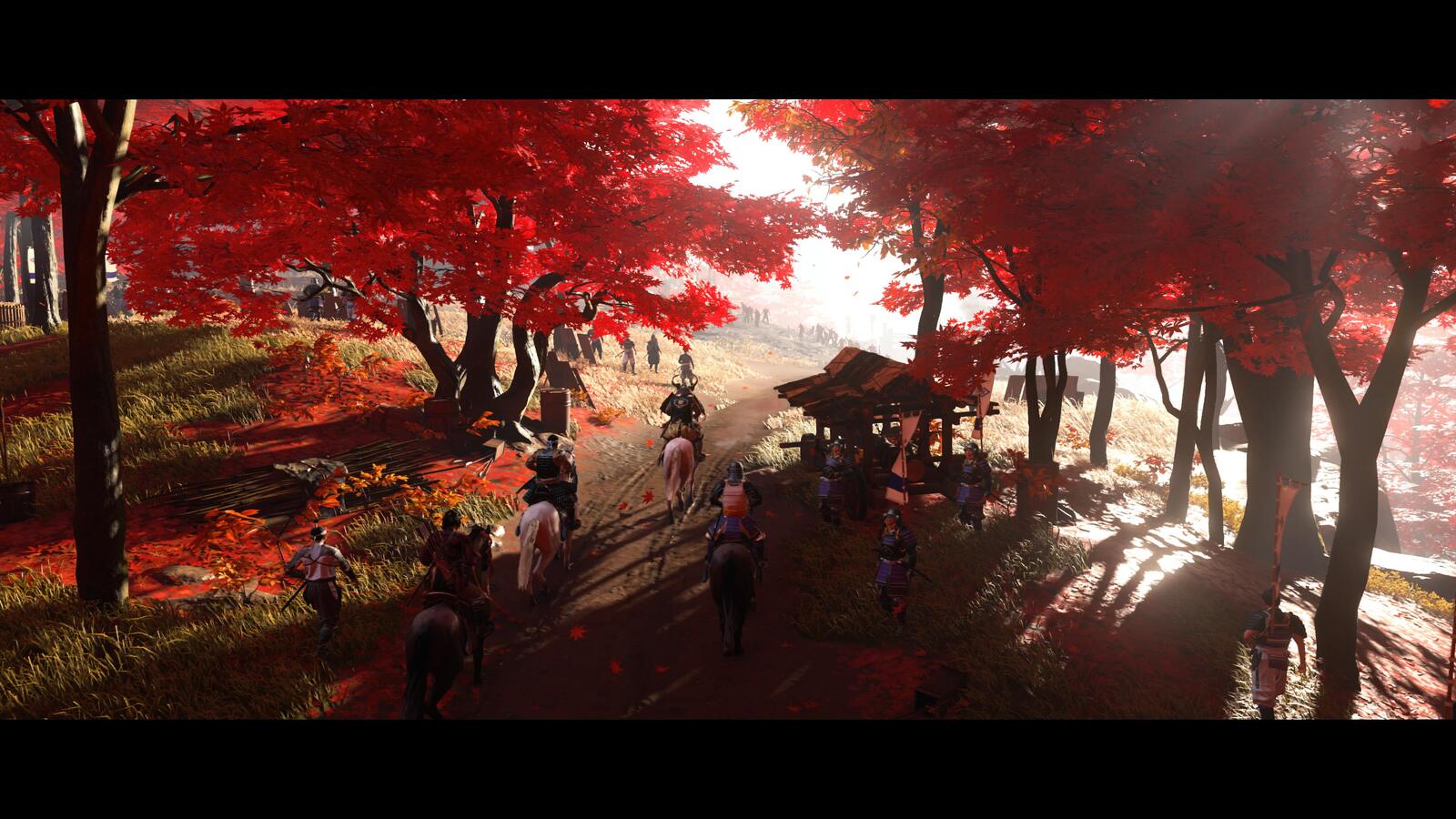 Characters in an autumn forest with the leaves turning a bright red