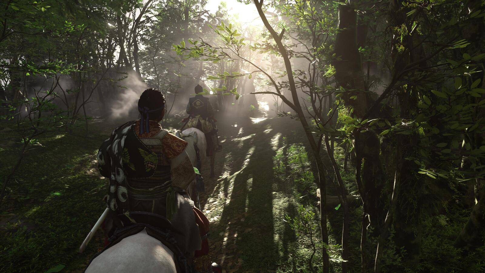 Two characters riding through a forest on horseback