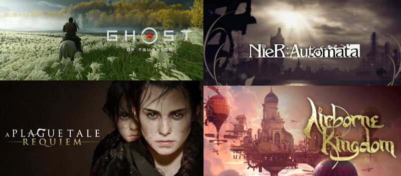 Title Cards for Ghost of Tsushima, Nier:Automata, A Plague Tale Requiem and Airborne Kingdom