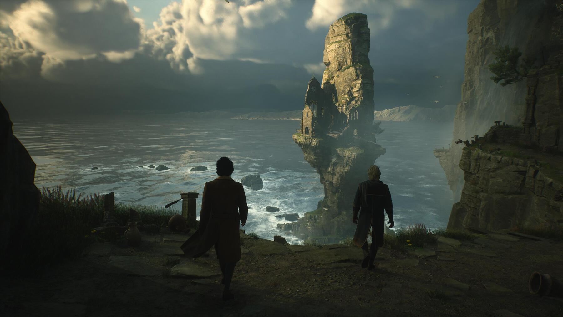 Main character and Professor Fig looking over an old castle above a coast