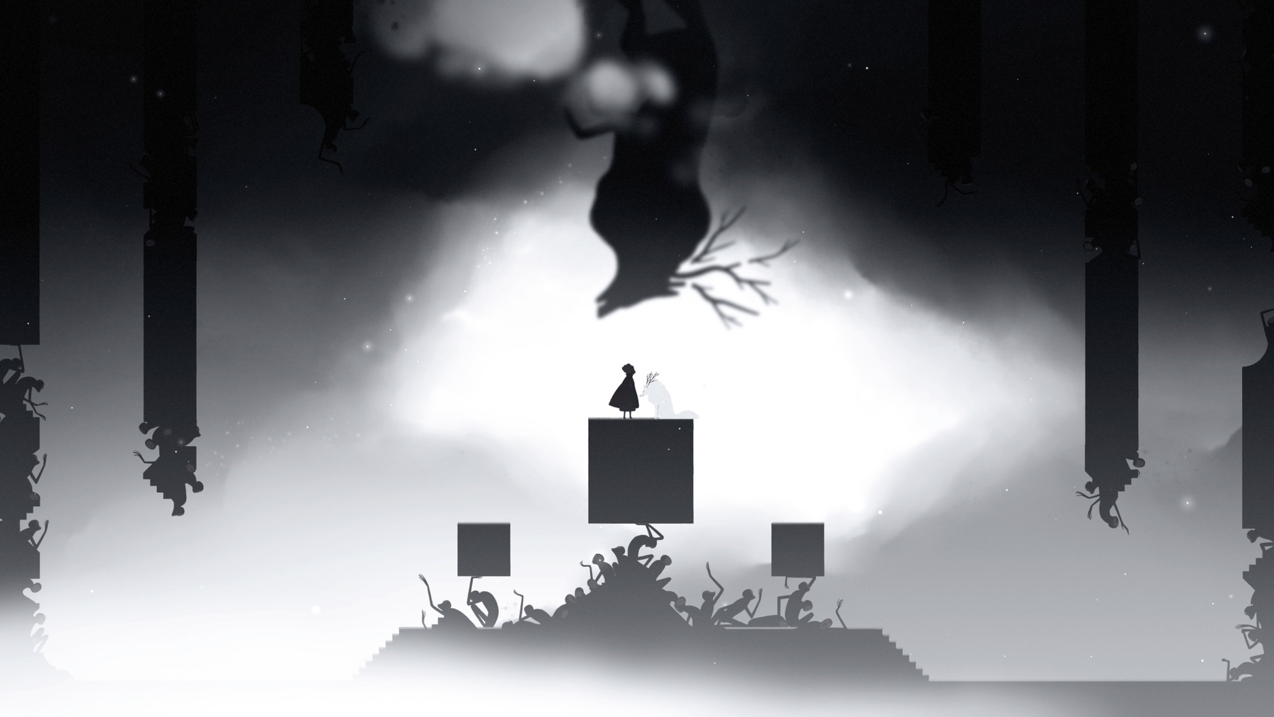Characters on square block in black and white scene surrounded by enemies