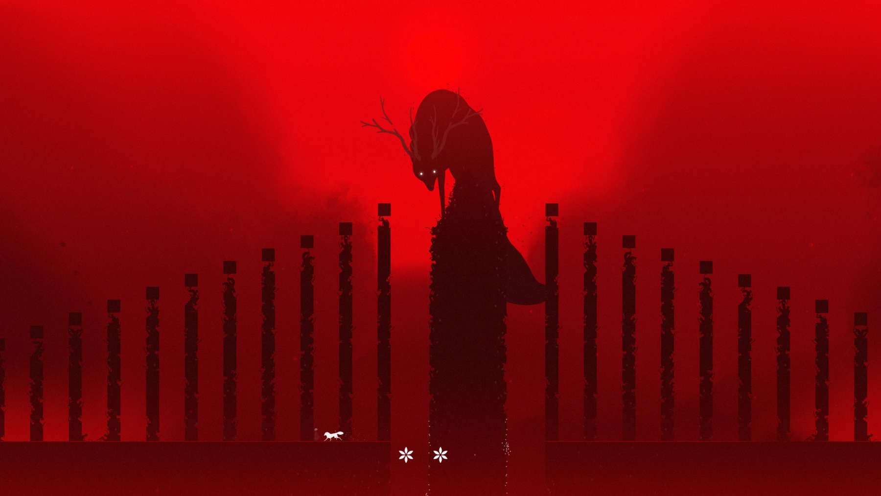 Characters in an area with pyramid columns and an ominous antlered creature looking down upon them