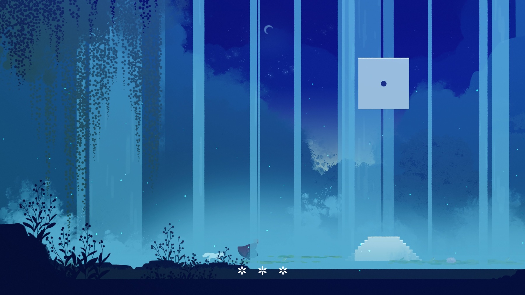 White square suspended in space with waterfalls around it