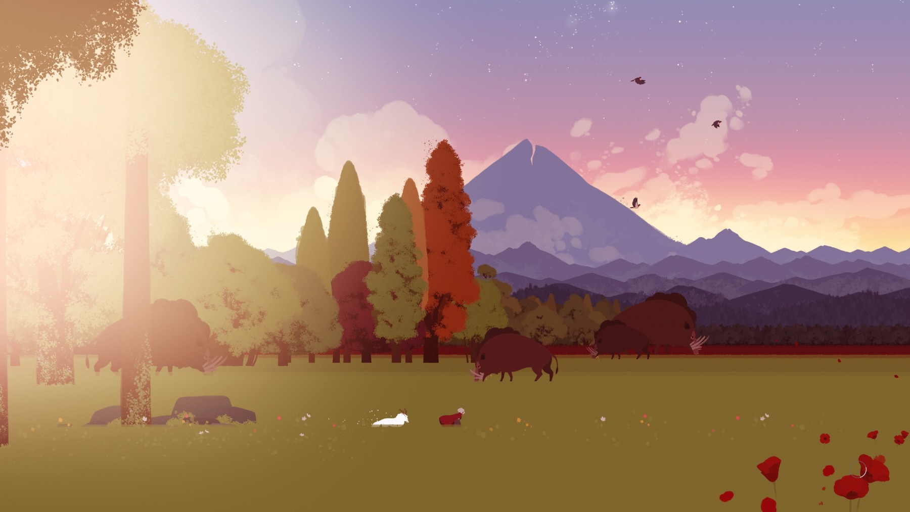 Characters walking through wilderness with large animals and mountains in background