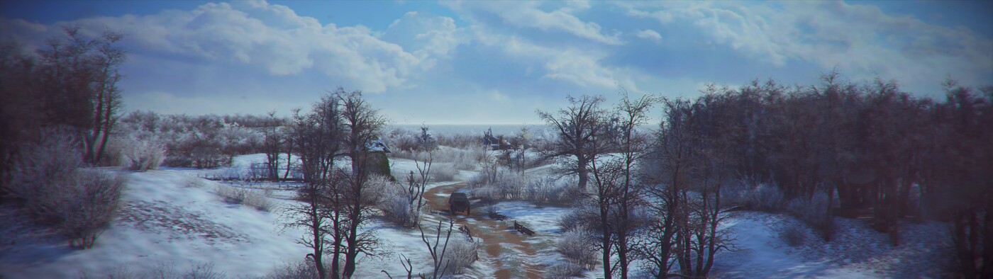 Wagon on a rode in a snow covered winter forest