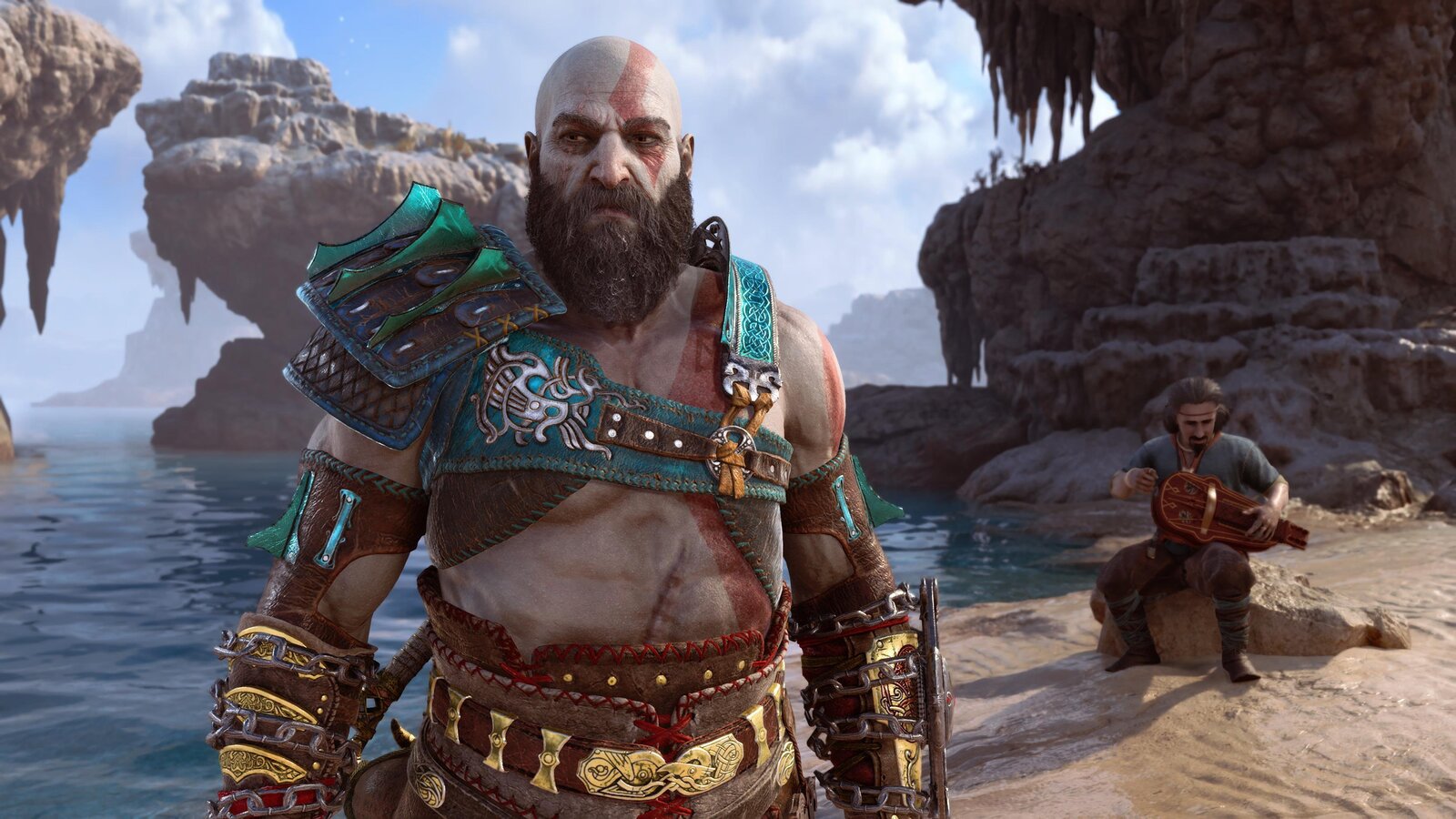 Kratos on a beach with dwarf playing a hurdy-gurdy behind him