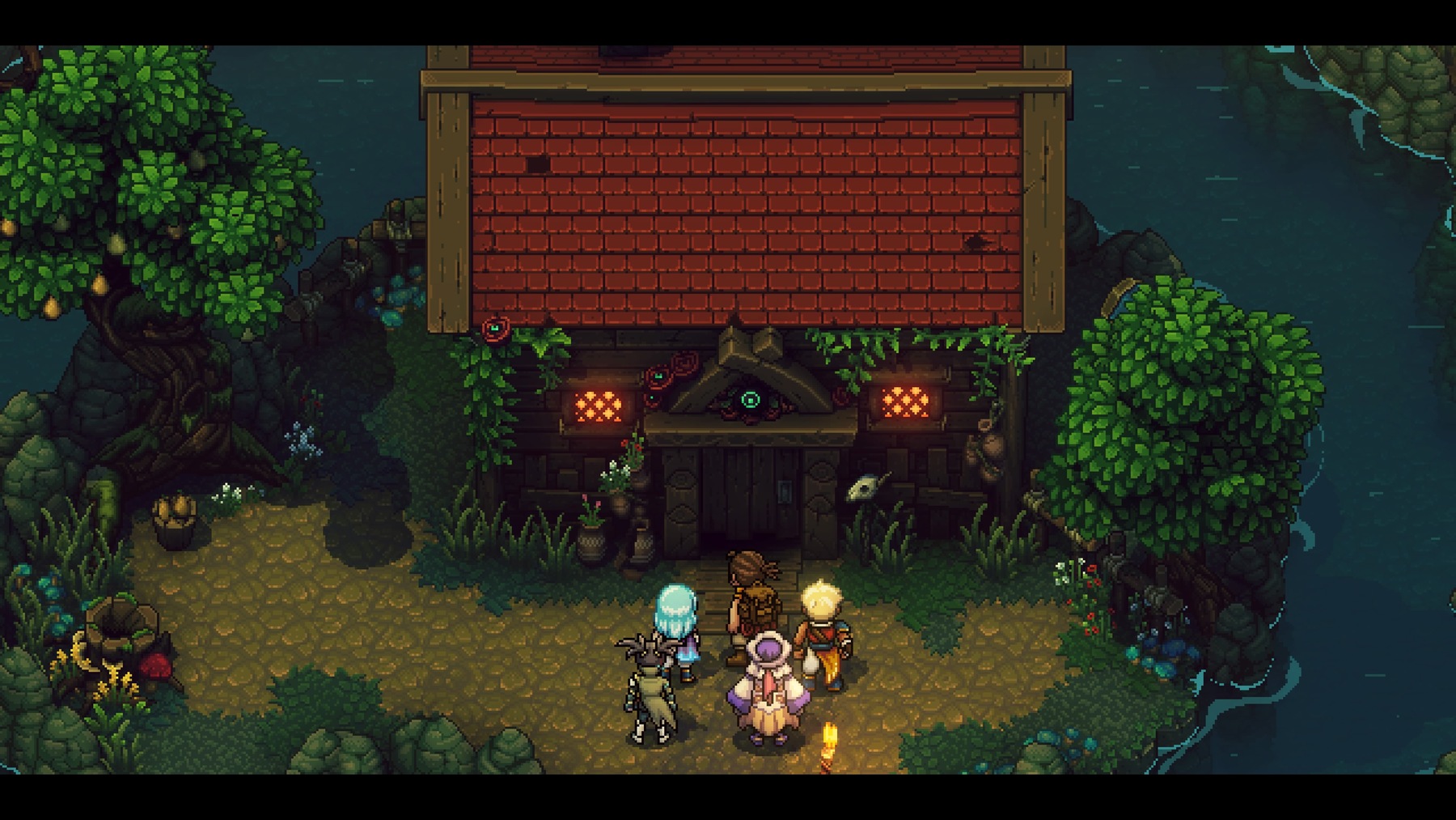 Characters outside a cottage in the forest