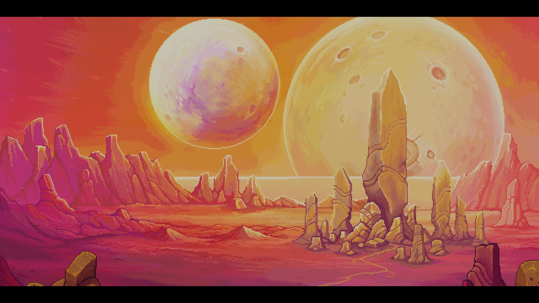 Red desert landscape with natural obelisk and two moons