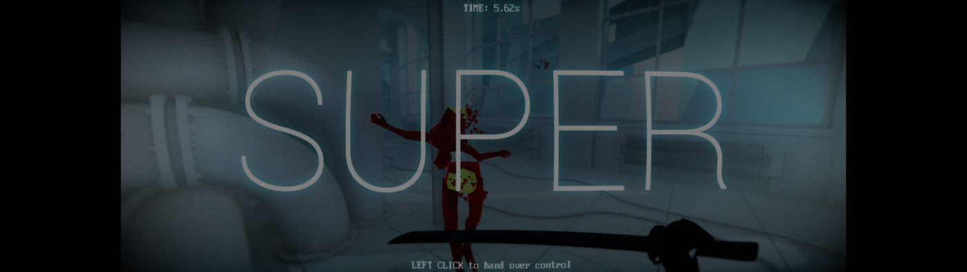 The word SUPER superimposed on the game replay with the main character holding a sword slicing a red enemy