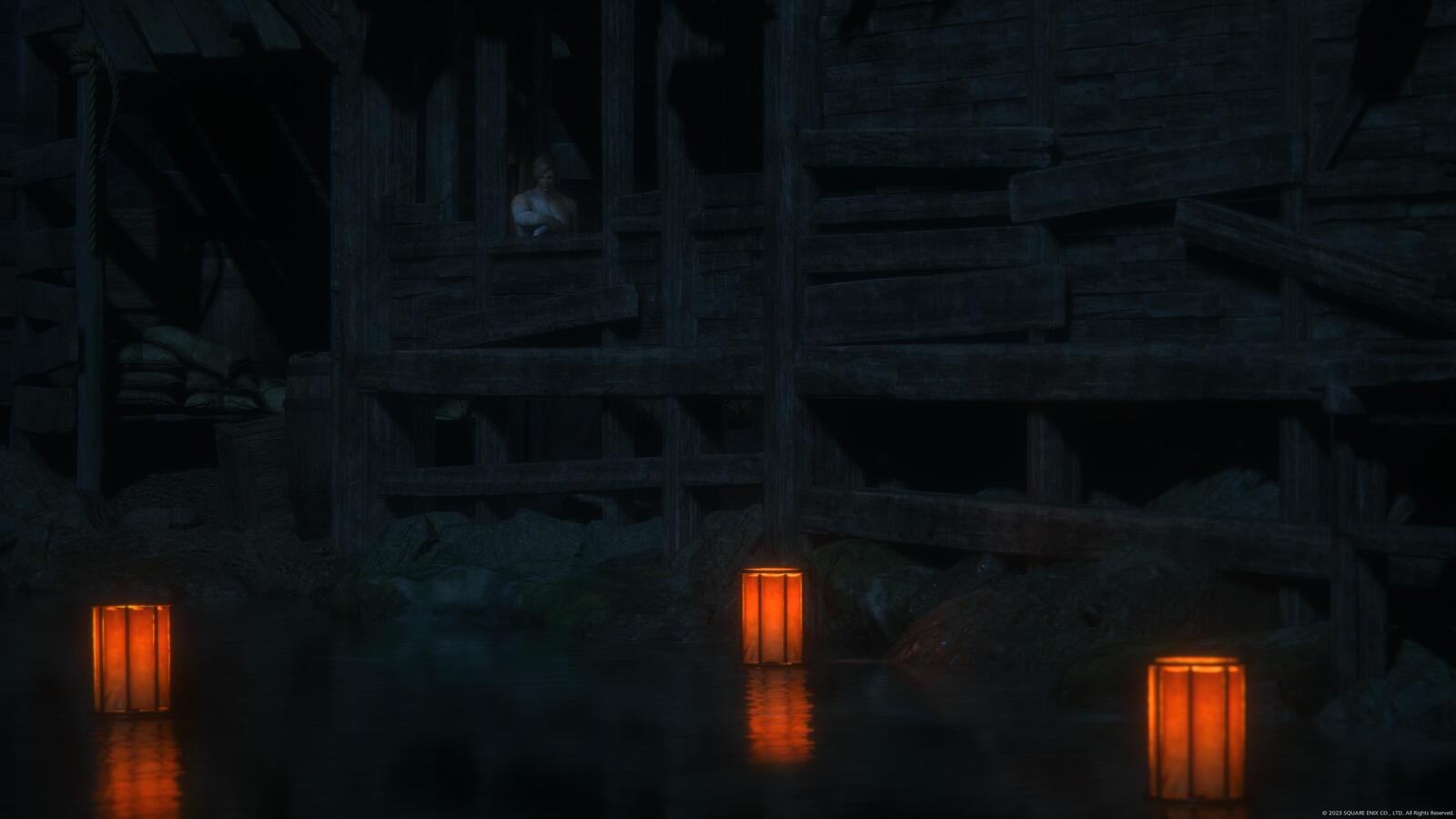 Character overlooking lake with Floating Lanterns at Night