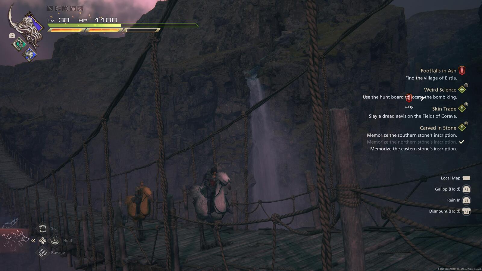 Characters riding Chocobo over a Bridge