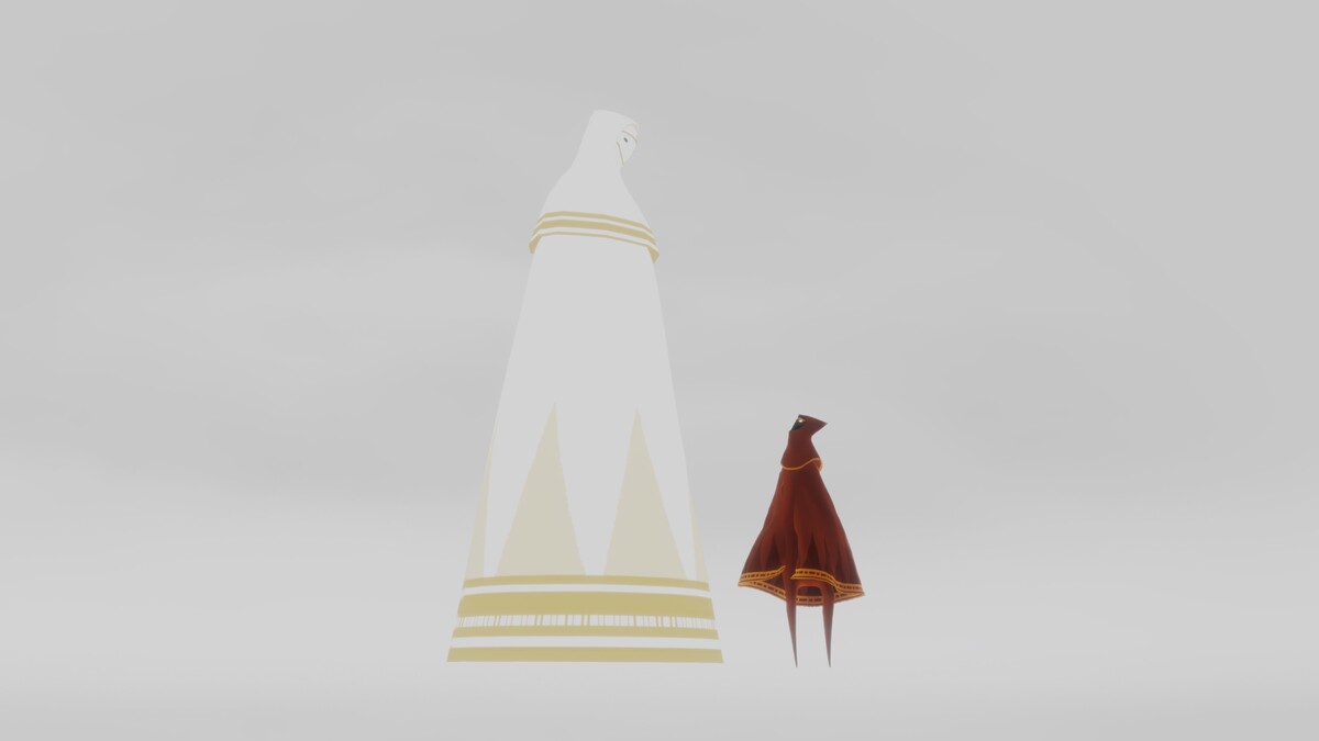 Main character next to large character in white cloak