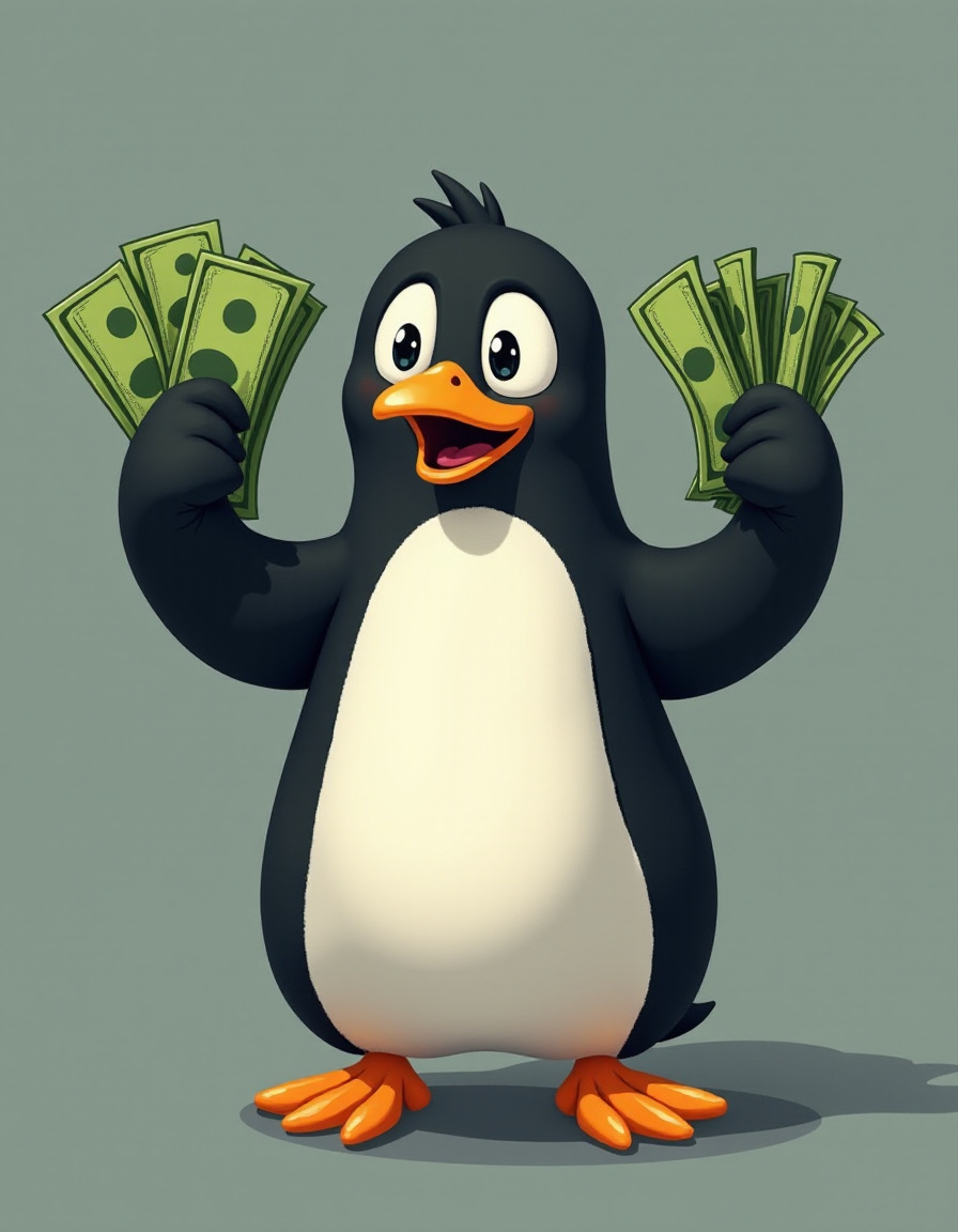 A Penguin Holding Dollar Bills in Both Hands